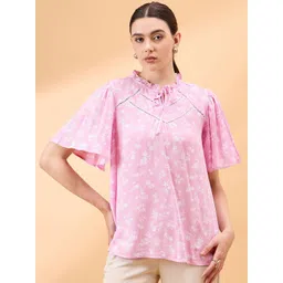 all about you Floral Print Tie-Up Neck Flared Sleeve Crepe Top-picture-38