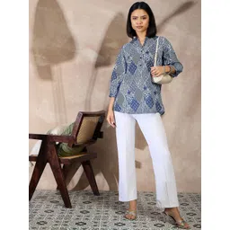 all about you Geometric Print Mandarin Collar Puff Sleeve Top-picture-43