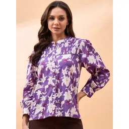 all about you Purple Floral Printed Mandarin Collar Puff Sleeve Cotton Shirt Style Top-picture-27