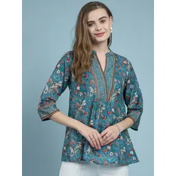 all about you Teal Blue Floral Printed Mandarin Collar Cotton Top-picture-31