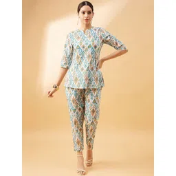 all about you Teal Blue Geometric Printed Notch Neck Cotton Tunic With Trousers-picture-18
