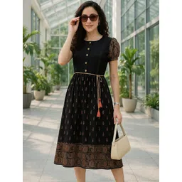 all about you Women Ethnic Motifs Printed Puff Sleeves Fit & Flare Midi Dress-picture-30