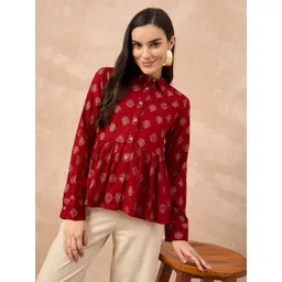 all about you Women Ethnic Motifs Printed Shirt Collar Ethnic Peplum Top-picture-31