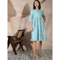 all about you Women Floral Print Shirt Collared Crepe Fit & Flare Knee Length Dress-picture-39