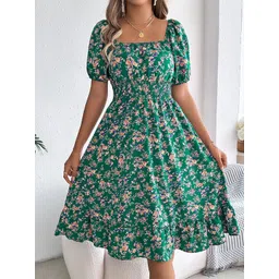 all about you Women Floral Printed Puff Sleeves A-Line Square Neck Dress-picture-22