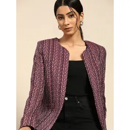 all about you Women Maroon Navy Blue Striped Open Front Jacket-picture-19