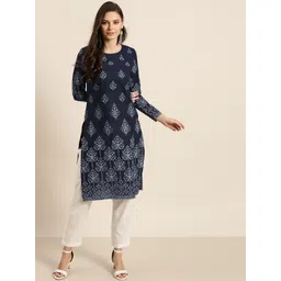 all about you Women Navy Blue & Off White Ethnic Motifs Printed Pure Cotton Indigo Kurta-picture-41