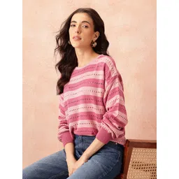 all about you Women Open Weave Striped Acrylic Pullover-picture-38