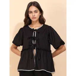 all about you Women Puff Sleeve Crepe Peplum Top-picture-42