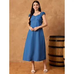 all about you Women Puff Sleeve Ruffled Denim Empire Midi Dress-picture-32