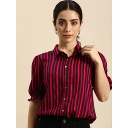 all about you Women Puff Sleeves Spread Collar Striped Casual Shirt-picture-22