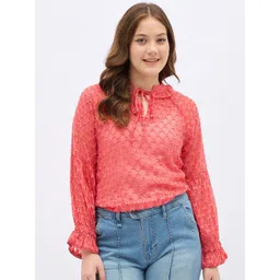 all about you Women Self Design Tie-Up Neck Puff Sleeve Top-picture-34