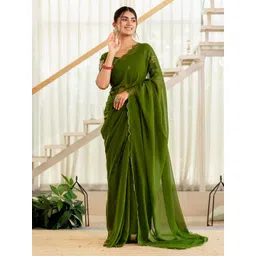 all about you Women Solid Scallop Border Saree image 1