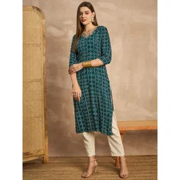 all about you Women Teal V-Neck Three-Quarter Sleeves Bandhani Printed Straight Kurtas-picture-37