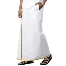 All Size Adjustable Velcro White Cotton Pocket Dhoti with Gold Zari Border for Men (28 to 44 Inches) image 1