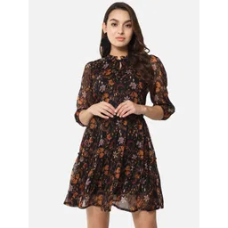 ALL WAYS YOU Floral Print Tie-Up Neck Bell Sleeve Georgette Fit & Flare Dress-image-0