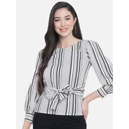 ALL WAYS YOU Polka Dots and Striped Puff Sleeves Crepe Cinched Waist Top-picture-10