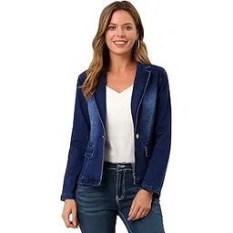 allegra k Women's Notched Lapel Button Up Long Sleeve Washed Denim Blazer-picture-26