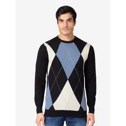 Allen Cooper Men Black & Blue Argyle Printed Pullover-image-26