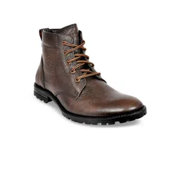 Allen Cooper Men Brown Textured Leather High-Top Flat Boots-picture-37