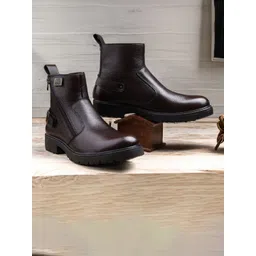 Allen Cooper Men Textured Buckle Detail Leather Mid-Top Biker Boots-picture-24