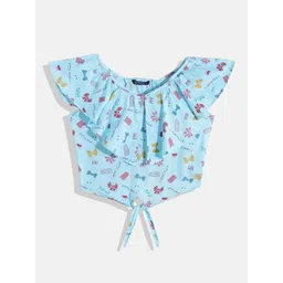 Allen Solly Junior Girls Blue & Pink Conversational Print Blouson Top with Tie-Ups image 1
