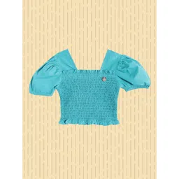 Allen Solly Junior Girls Blue Solid Smocked Pure Cotton Top-picture-17