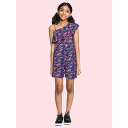 Allen Solly Junior Girls Navy Blue & Pink Tropical Print One-Shoulder Jumpsuit-picture-11