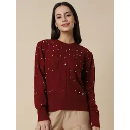 Allen Solly Woman Open Knit Round Neck Long Sleeves Embellished Acrylic Pullover Sweater-picture-20