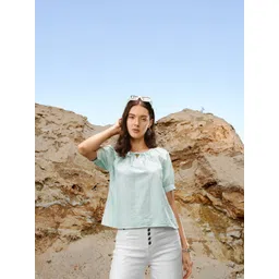 Allen Solly Woman Striped Linen Cotton Tie-Up Neck Top-picture-35