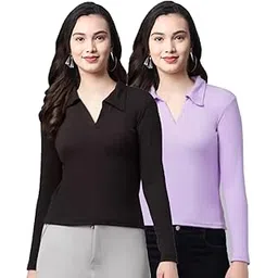allergo Allegro Cotton Blend Collared Long/Full Sleeve Ribbed Top for Girls Women Ladies - Pack of 2-picture-40