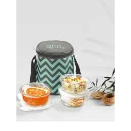 Allo Microwave Safe Glass Lunch Box with Detachable Lock with Chevron Mint Bag (400ml x 3)-picture-18