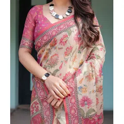 almaari fashion Floral Print Handloom Cotton Linen Saree-picture-39