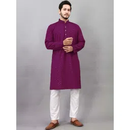 ALMORA Men Ethnic Motifs Regular Thread Work Kurta with Pyjamas-picture-37