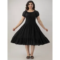 Aloan Beauty Solid Smocked Puff Sleeve Fit & Flare Knee Length Dress-picture-24