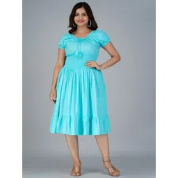 Aloan Beauty Women Puff Sleeve Smocked Fit & Flare Knee Length Dress-picture-31