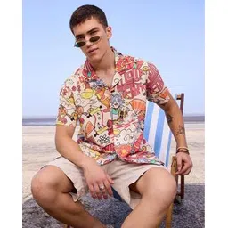 alpha tribe Men Tom & Jerry Print Regular Fit Shirt with Short Sleeves-picture-23