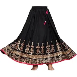 Alphanic Woman/Girl Rajasthani Jaipuri Traditional Ethnic Gold Print Elastic Full Length Skirt-picture-46