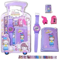 alphine 1 watch ,eraser , sharpener, Purse,2 pencils Barbie, Hello kitty, Mickey mouse, Spiderman Art Plastic Pencil Box-picture-24