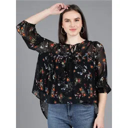 Amagyaa Black Floral Print Tie-Up Neck Ruffles Chiffon Top-picture-16