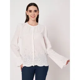 Amagyaa Women Round Neck Schifli Bell Sleeves Cotton Top-picture-21