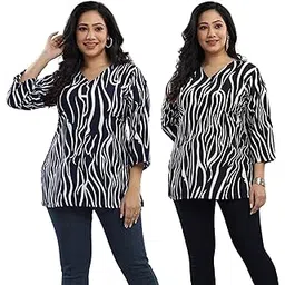 amaira Women's Plus Size Printed Combo V Neck 3/4th Sleeves Crepe Tunic(E3STR-Navy-Black,6XL)-picture-16