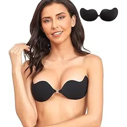 amamu enterprise 1 Pair Silicone Wire Free Stick-On Bra Padded, Sticky Bra Backless Adhesive Strapless Invisible Push Up Stick on Bras for Women Dresses Reusable Nipple Cover Black/Apricot-picture-38