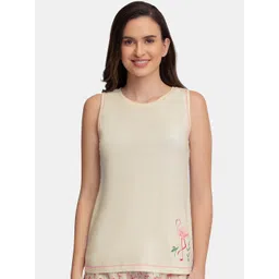 Amante Women Beige & Pink Printed Round Neck Lounge Tank Top-picture-29