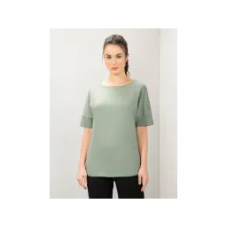 Amante Women Boat Neck Relaxed Fit Solid Elements Long Length T-shirt-Green-picture-11