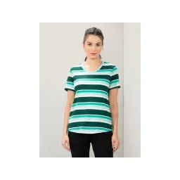 Amante Women V-Neck Relaxed Fit Stripe T-Shirt-Green-picture-28