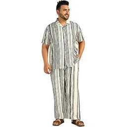 amanush Men's Striped Nylon Shirt with Bell Bottom Pant Cord Set|Mens Kurta Pajama Set|Plus Size Co ords for Men Fashion|Beach Casual Wear|Two Piece|Notch Collar|Half Sleeve(Multi-Colour)-picture-19