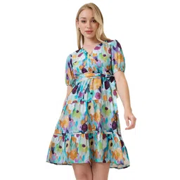Amarasha Floral Print Puff Sleeve Crepe Fit & Flare Dress-picture-30