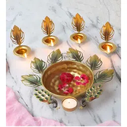 amaya decors Green & Gold Peacock Urli With Tealight Holder Set of 5-picture-31