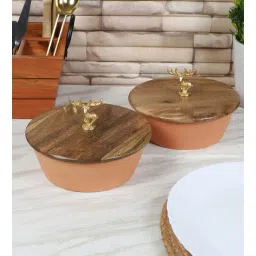 Mustard Ceramic Serving Bowl With Mangowood Lid Set of 2-image-21